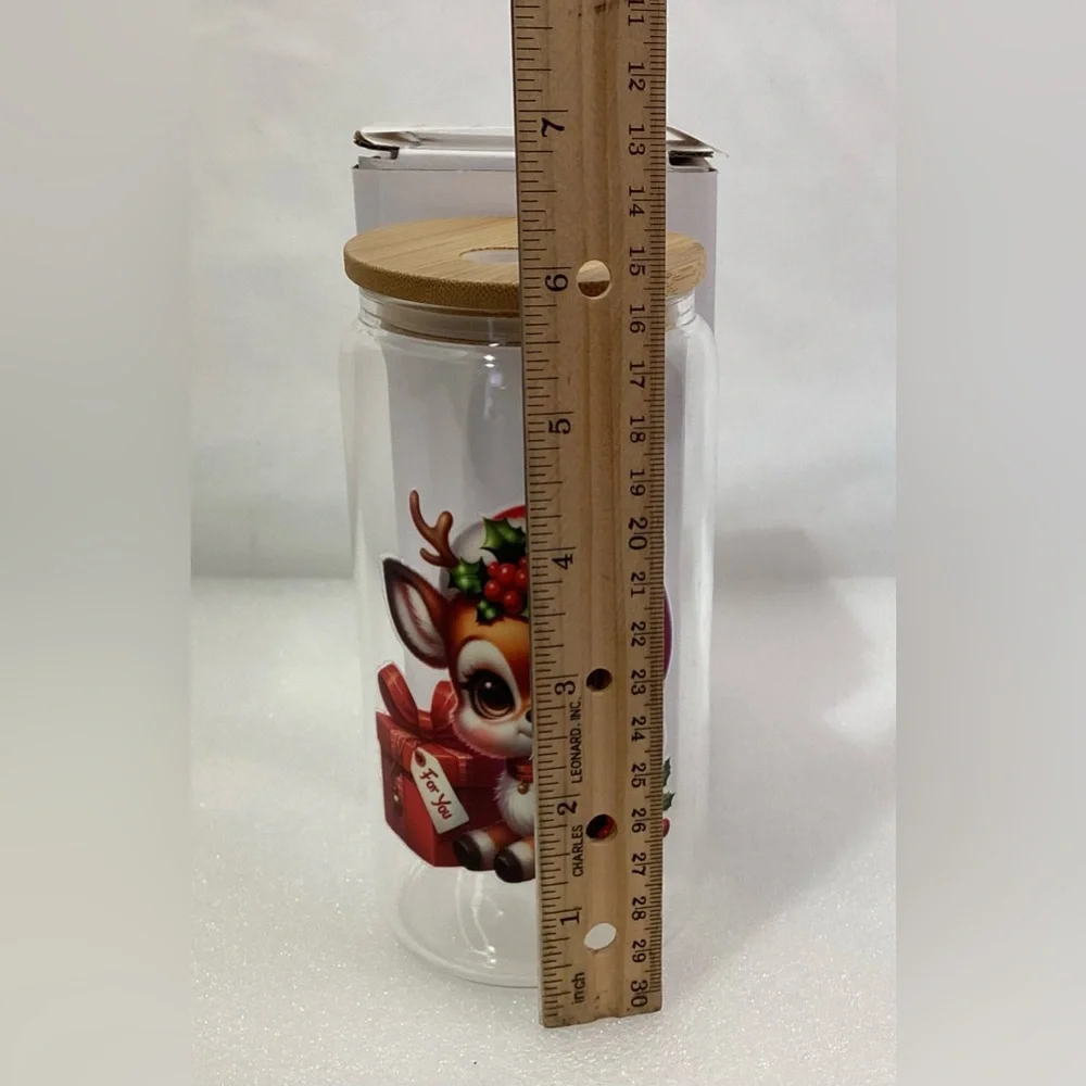 Christmas Glass Tumbler w Woden Lid 16oz New w Original Box
